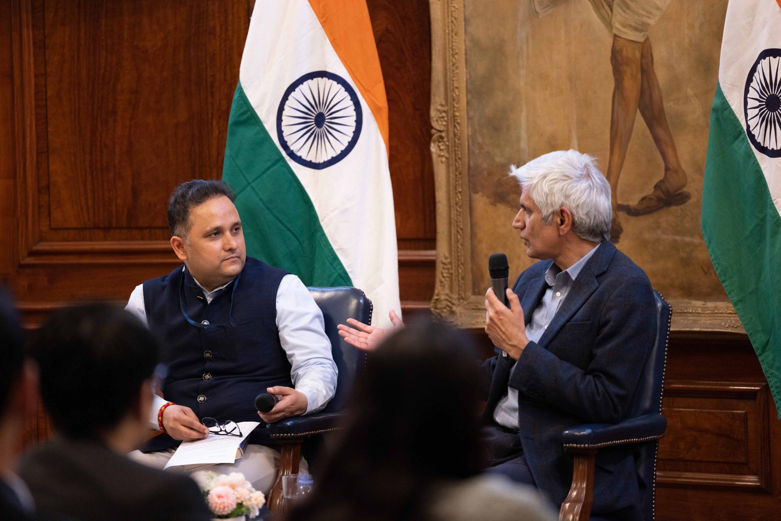 Hitendra Wadhwa speaking with Amish at the High Commission of India, London