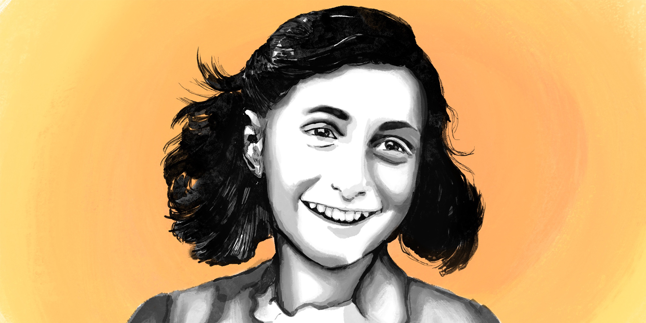 Anne Frank's back and white sketch with smiley face on a yellow background indicating finding our true self.