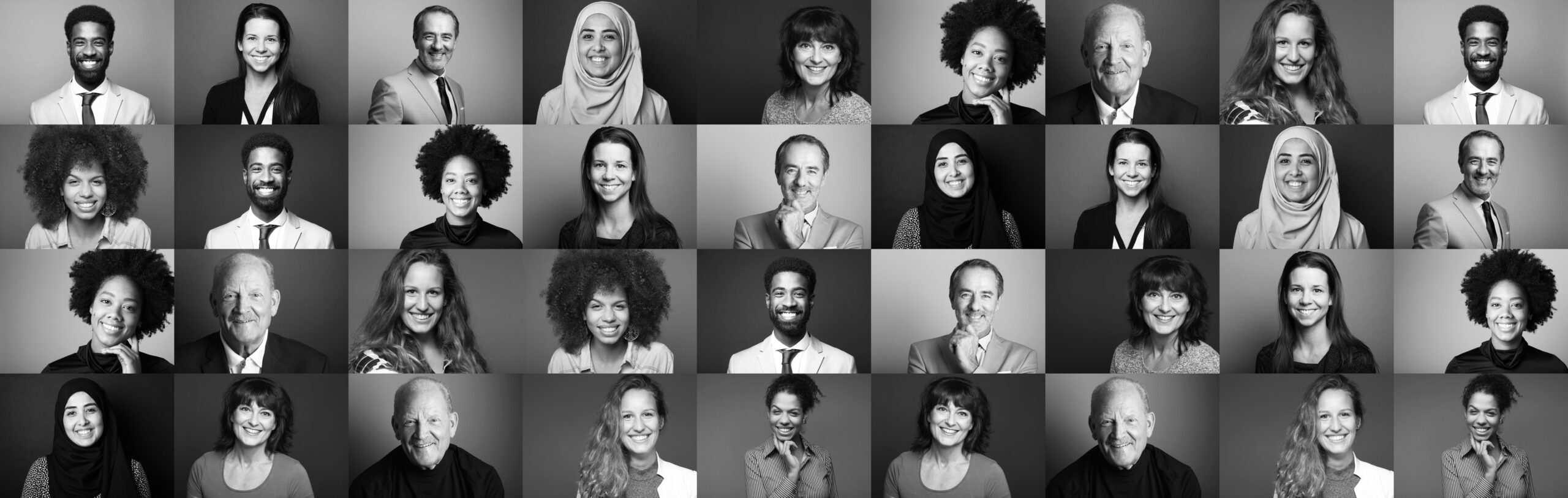 diverse group of people headshot photos arranged on black or grey background indicating diversity and inclusion.
