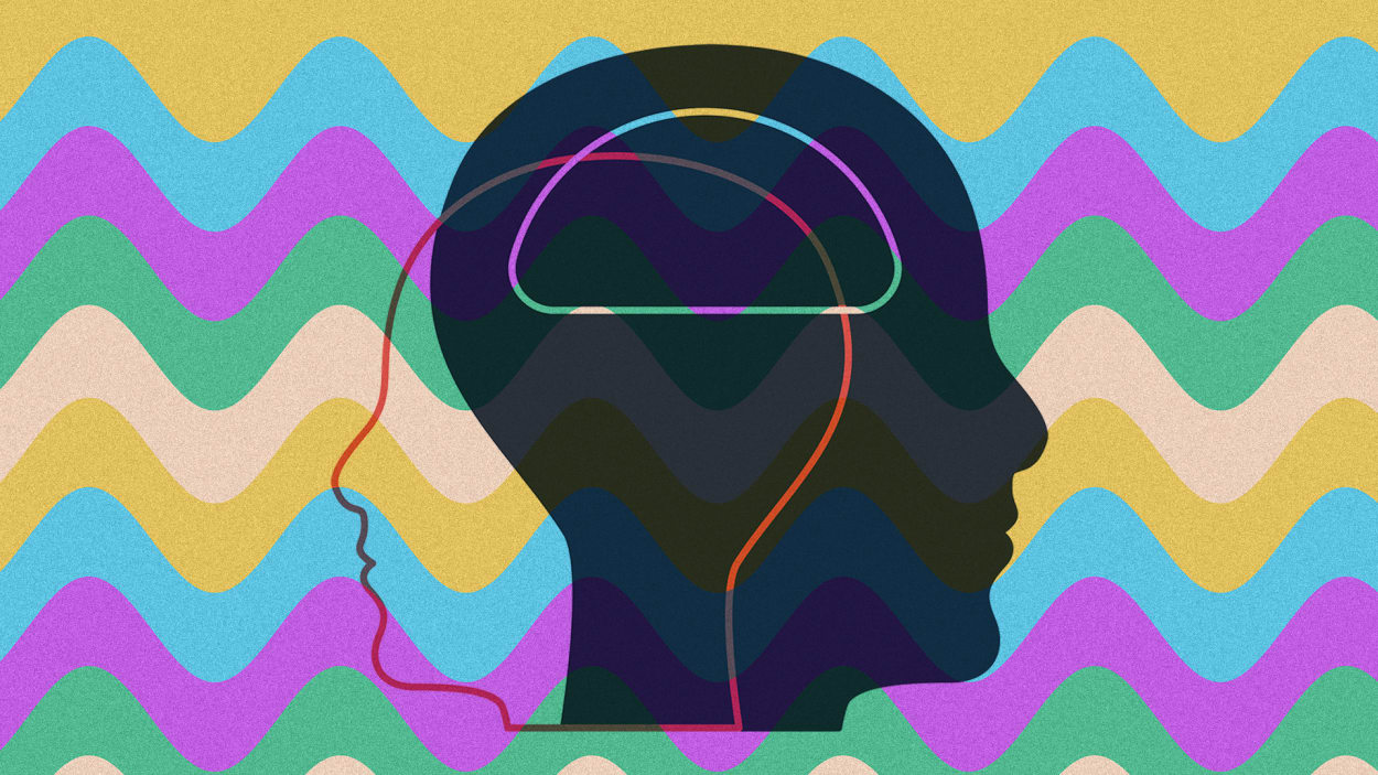 Man's head outline left facing and right facing with colorful background.