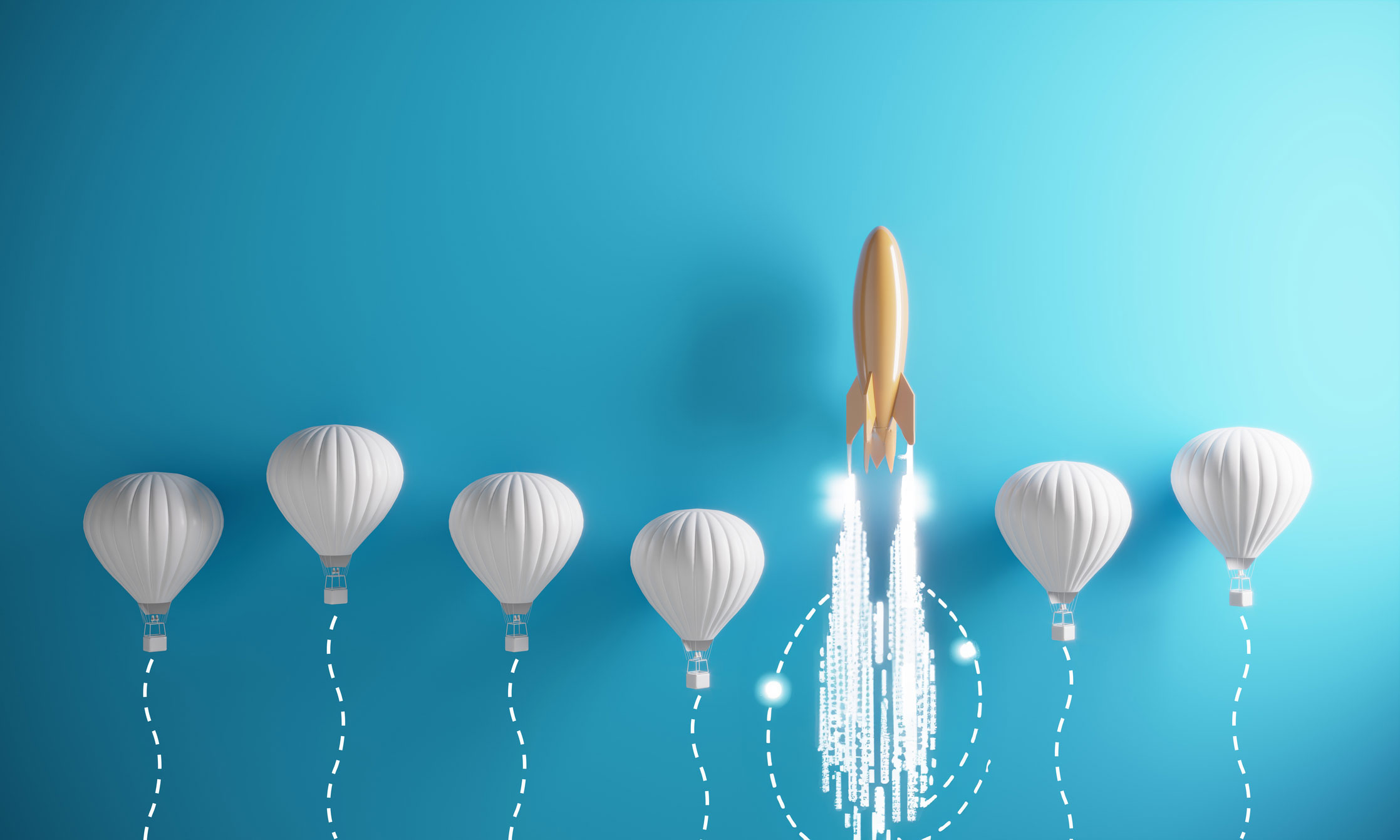 Stand out and soar to success: a yellow rocket speeds past a cluster of white hot air balloons, symbolizing breakthrough performance with Mentora.